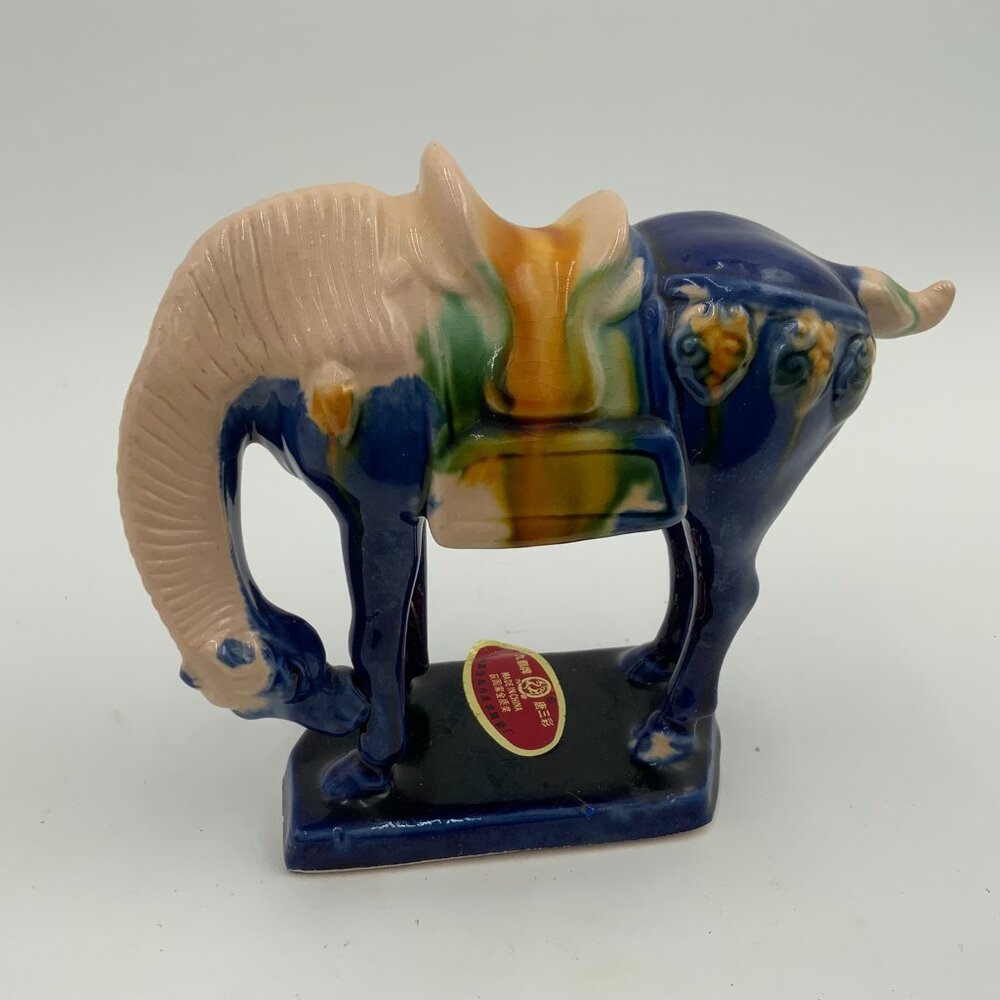 Vintage Blue Glazed Ceramic Chinese Tang Sancai Dynasty War Horse w/ Label
